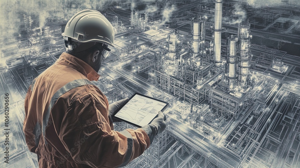 Nighttime Precision: A Pipeline Technician in Safety Gear Analyzing Systems Amidst Intricate Machinery - Perfect for Industrial-Themed Decor or Sports Interior Posters Nighttime Precision: A Pipeline Technician in Safety Gear Analyzing Systems Amidst Intricate Machinery - Perfect for Industrial-Themed Decor or Sports Interior Posters