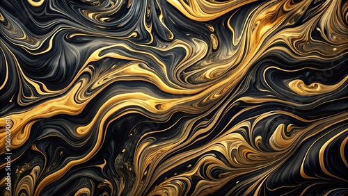 Black and gold abstract painting with liquid marble texture