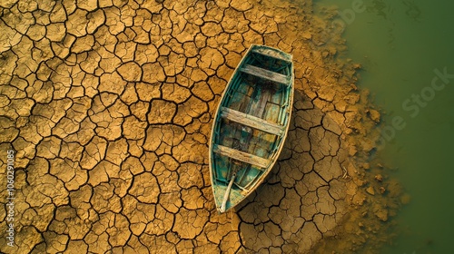 An abandoned boat sits on parched, cracked earth, highlighting the severity of drought conditions in the area. The barren landscape emphasizes the pressing environmental issue. photo