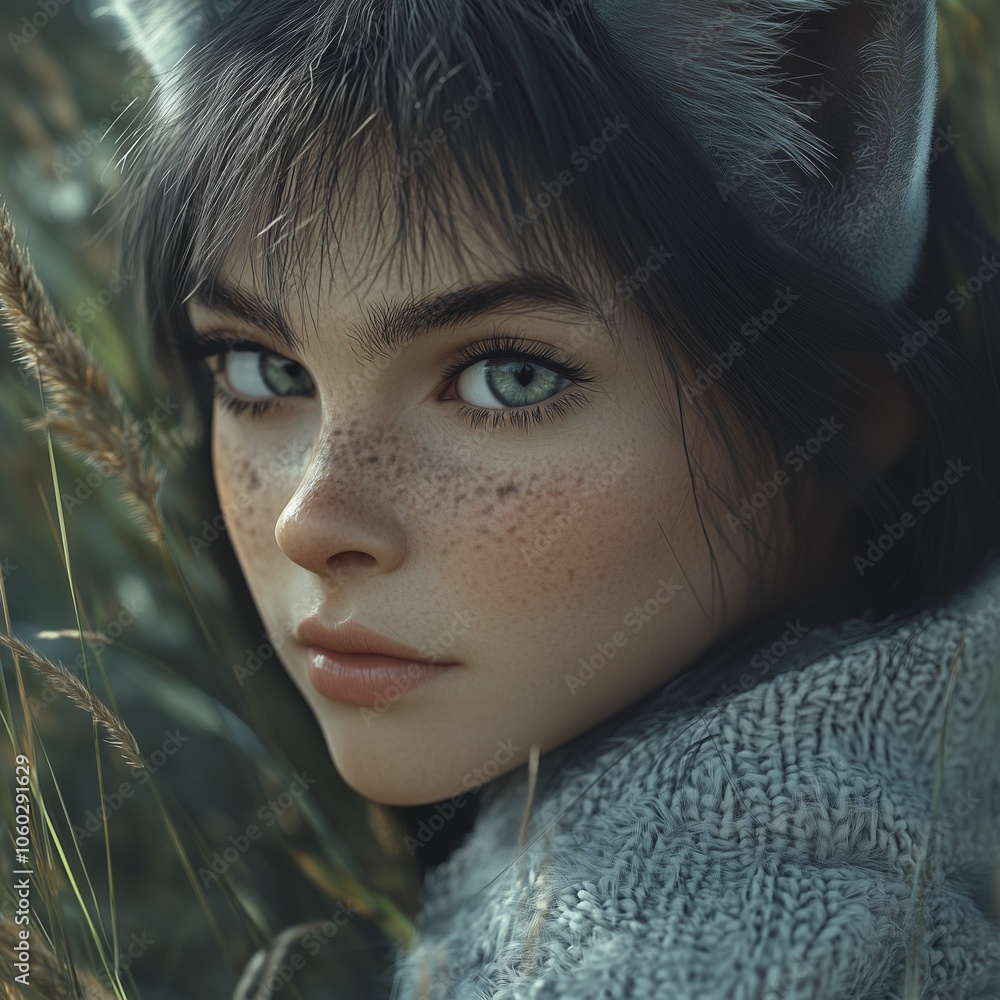 Close up portrait of a person with fox like features, soft freckles, intense blue eyes, and gentle expression in nature Close up portrait of a person with fox like features, soft freckles, intense blue eyes, and gentle expression in nature