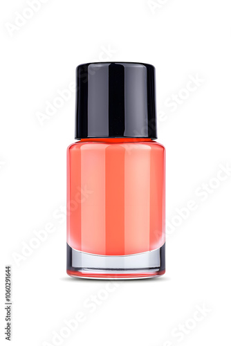 Coral pink nail polish bottle, isolated on white background