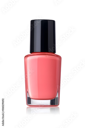 Coral pink nail polish bottle, isolated on white background