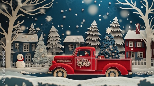 Wallpaper Mural A festive red truck delivers holiday cheer amid snowy trees and charming houses in a winter wonderland scene Torontodigital.ca