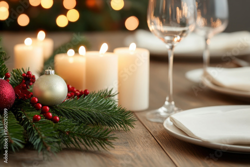 festive dining table with candles, ornaments, and greenery for Christmas