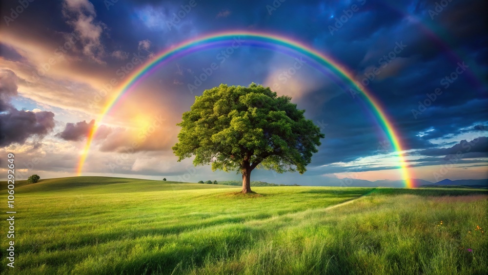 rainbow illuminated countryside landscape with tree close-up rainbow illuminated countryside landscape with tree close-up