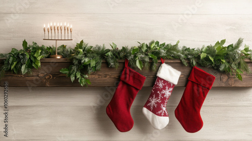 Rustic wooden mantel adorned with Christmas stockings and greenery photo