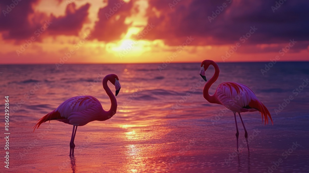 Fototapeta premium Two pink flamingos stand in shallow water at sunset, their reflections visible on the surface. The sky is a vibrant mix of pink, orange, and purple.