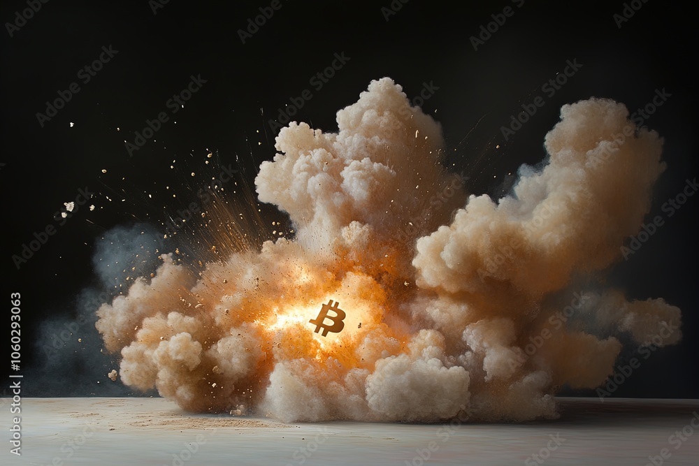 Explosive Burst of Dust and Smoke With a Bitcoin Symbol at the Center in a Darkened Setting Creating a Dramatic Effect Explosive Burst of Dust and Smoke With a Bitcoin Symbol at the Center in a Darkened Setting Creating a Dramatic Effect