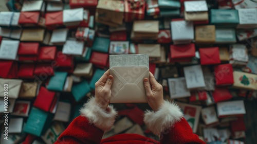 A person dressed in festive attire holds a white envelope surrounded by a colorful pile of holiday cards and gifts during the Christmas season