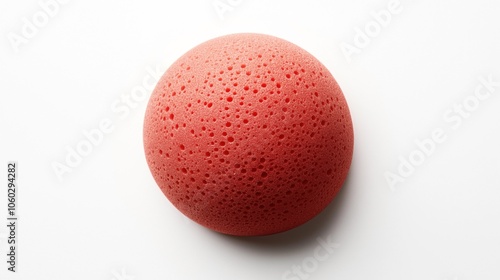 Close-up view of a red round porous sponge with a textured surface on a white background.