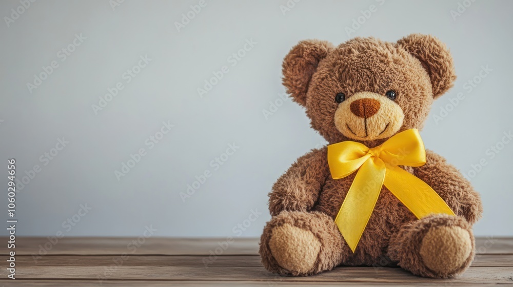 Obraz premium A brown teddy bear with a yellow bow sits on a wooden table against a white background.