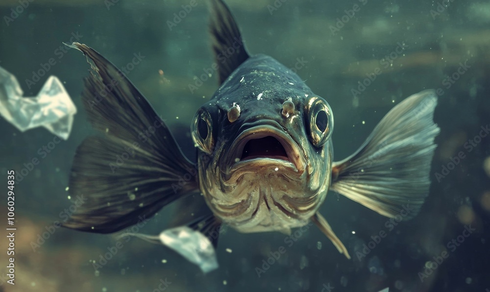 Fototapeta premium Fish swimming with plastic in water.