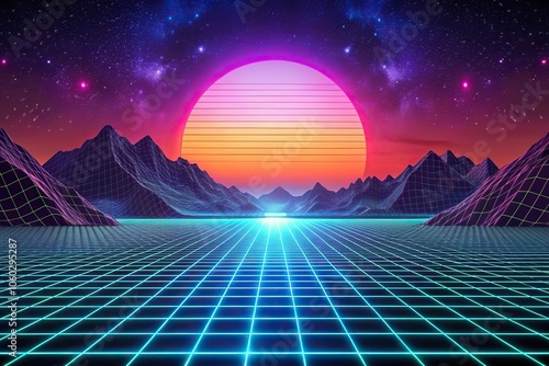 retro futuristic landscape with laser grid background from high angle photo