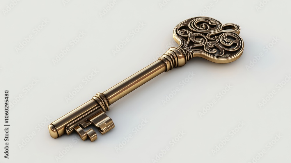 Realistic 3D render of a shiny brass key with detailed engravings, positioned flat on a white background. Realistic 3D render of a shiny brass key with detailed engravings, positioned flat on a white background.