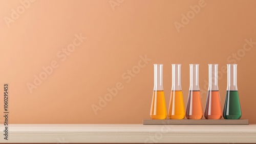 Chemistry experiment reveals colorful reactions in test tubes displaying various liquid mixtures on a minimalist shelf