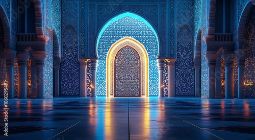 A glowing blue mosque door with arabesque patterns is open, illuminated by candles on the floor and light coming from inside. There is an empty space in front of it. 