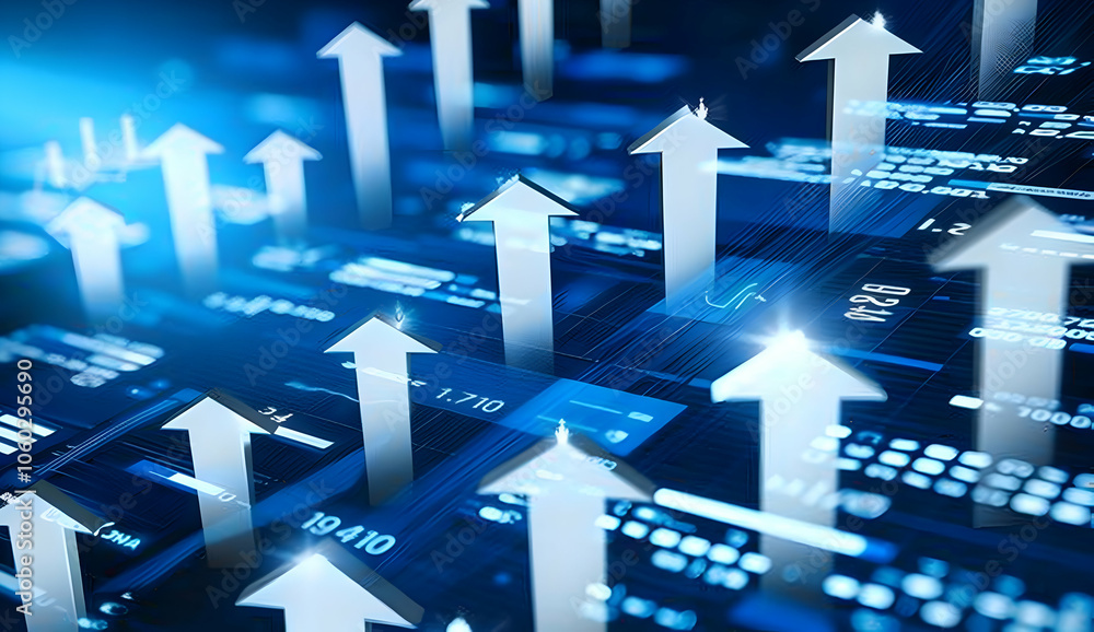Blue background with arrows growing upwards, a business growth concept Blue background with arrows growing upwards, a business growth concept