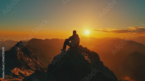 Silhouette of the Man Celebrating Success on the Peak of a Mountain