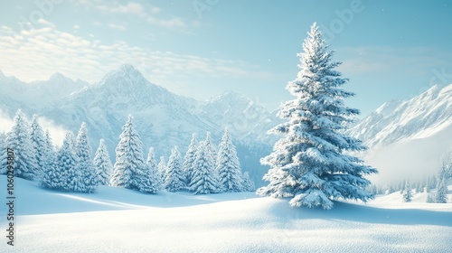 Snow-covered Christmas tree standing alone in a serene mountain landscape