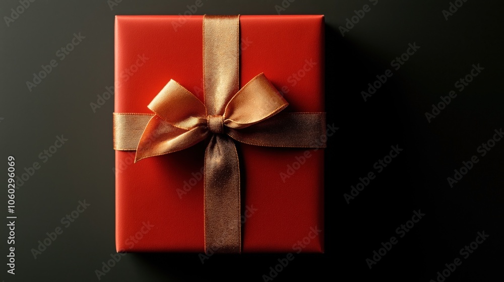 Elegantly wrapped red gift box with a glossy golden ribbon and bow on a dark background, emphasizing a festive and luxurious presentation. Elegantly wrapped red gift box with a glossy golden ribbon and bow on a dark background, emphasizing a festive and luxurious presentation.