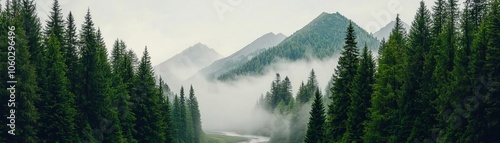 Mountain forest with mist rising over evergreen trees and a river winding below, capturing the majestic expanse of untouched nature under the soft morning light