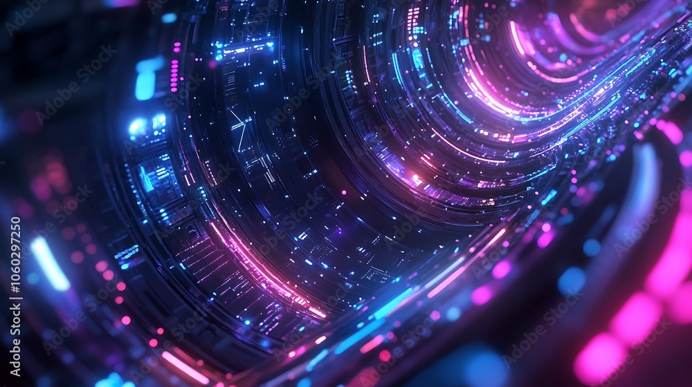 Vibrant Neon Digital Tunnel with Futuristic Tech Light Patterns Photo Vibrant Neon Digital Tunnel with Futuristic Tech Light Patterns Photo