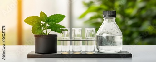 Lab sample of polluted water with plants for testing, clear jars and tubes, bright natural light with outdoor view, showcasing restoration through bioremediation photo