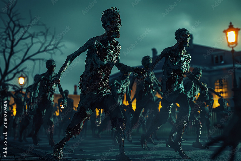 Naklejka premium Scary zombie wandering in street with dramatic lighting on Halloween
