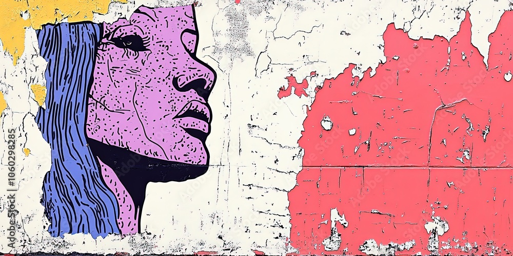 Fototapeta premium Urban graffiti mural with an abstract face captivates attention. Female portrait with bold color on a weathered wall. Street art expresses contemporary urban culture and vibrant art style.