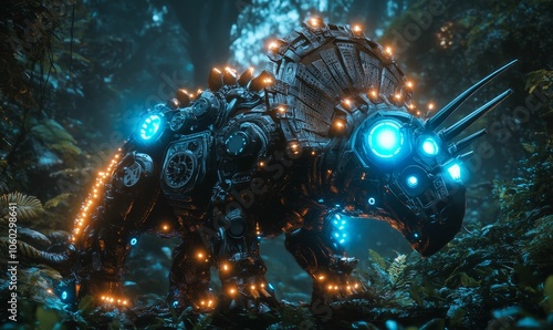 Fototapeta Naklejka Na Ścianę i Meble -  A mechanical dinosaur in a forest.