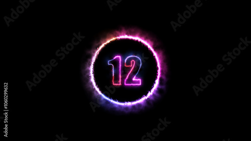 Glowing neon number 12 fire color with black background. Fiery style.