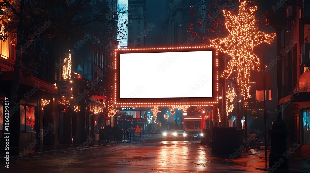 A movie shot of a blank billboard in the middle of the street, with Christmas lights in the evening, in the city center. The lighting is warm, and the photo quality is ultra-realistic A movie shot of a blank billboard in the middle of the street, with Christmas lights in the evening, in the city center. The lighting is warm, and the photo quality is ultra-realistic