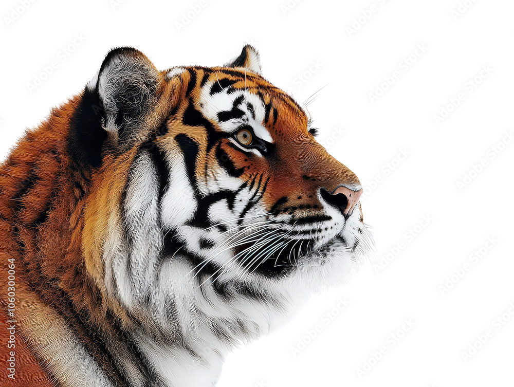 Fototapeta premium Majestic profile of a tiger looking into the distance, capturing its strength, beauty, and wilderness. Represents wildlife, power, and natural grace.