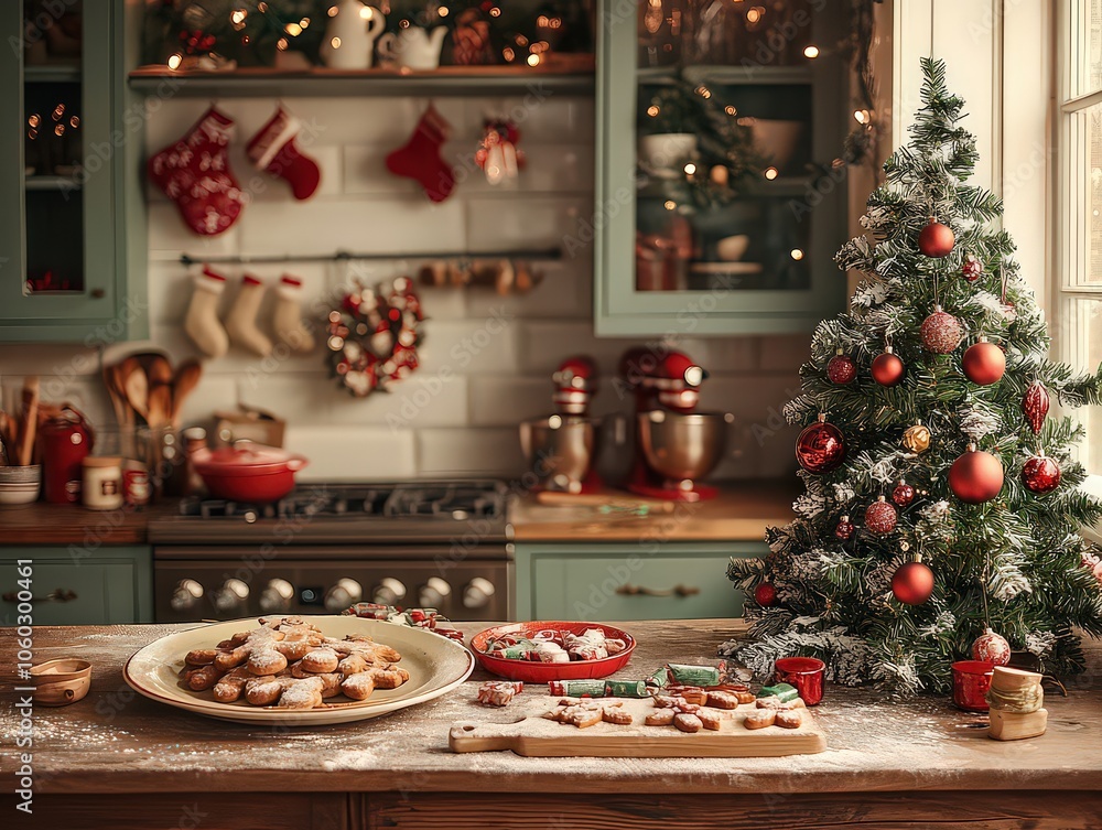 Cozy kitchen ready for holiday baking, featuring flour-dusted counters, cookie cutters, and festive ingredients, creating a warm, inviting holiday atmosphere. Cozy kitchen ready for holiday baking, featuring flour-dusted counters, cookie cutters, and festive ingredients, creating a warm, inviting holiday atmosphere.