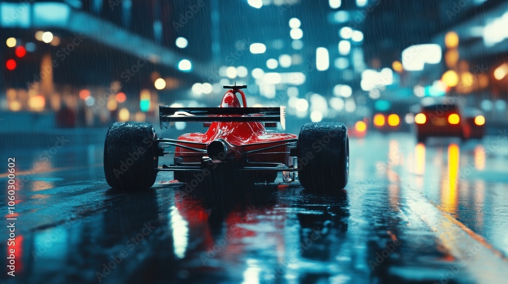 Fototapeta premium A red race car sits on a wet city street at night with blurred city lights in the background.