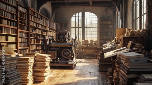 Vintage Workshop Vibes: Antique Printing Presses and Bookshelves - Perfect for a Cozy Poster in a Literary or Creative Space! photo