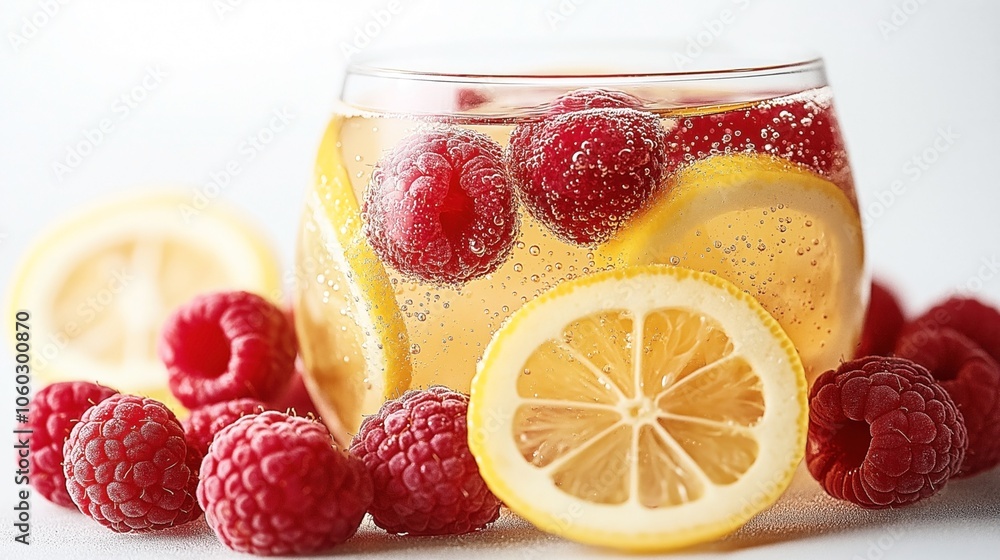 Close-up of a refreshing drink with raspberries and lemon slices in a clear glass filled with sparkling water and surrounding fresh fruits on a white background. Close-up of a refreshing drink with raspberries and lemon slices in a clear glass filled with sparkling water and surrounding fresh fruits on a white background.