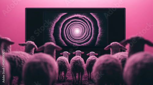 A group of sheep are watching a hypnotic spiral pattern on television, symbolizing the blinding effect of media manipulation on people.	