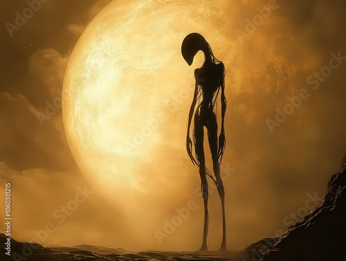  Mysterious alien figure silhouetted against a massive, glowing moon, evoking themes of extraterrestrial life, mystery, and the vast unknown of outer space. photo