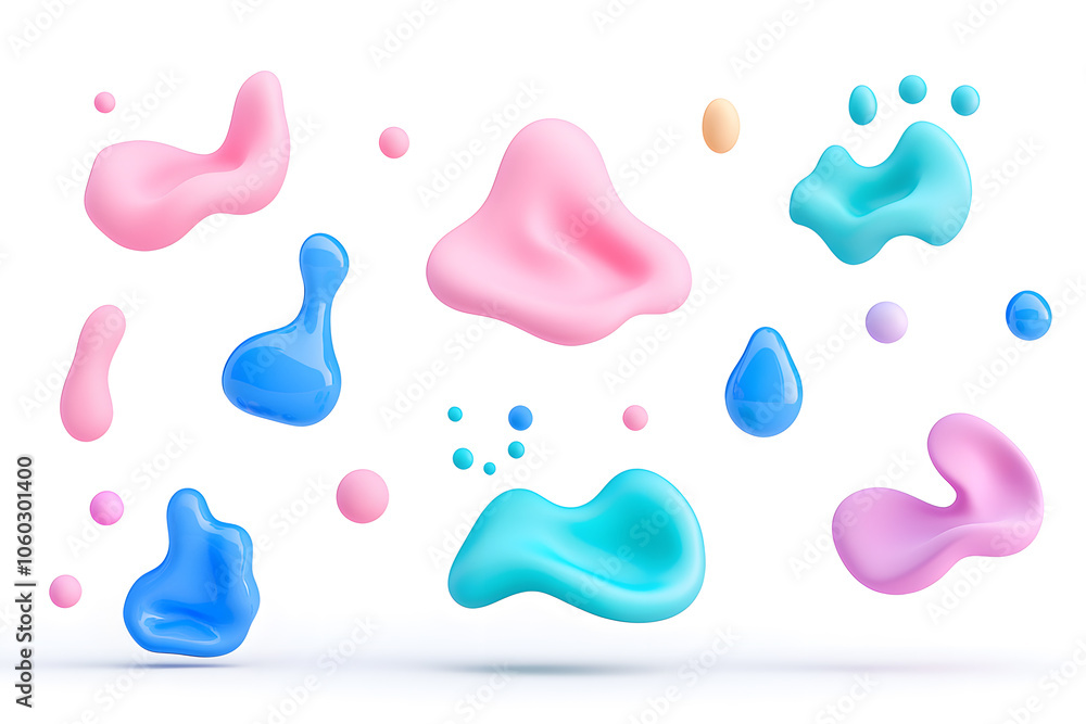 3d iridescent holographic liquid bubbles and shapes set, isolated on white background