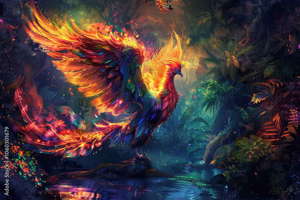 Fototapeta premium Fantastically beautiful mythological bird phoenix from bright fire