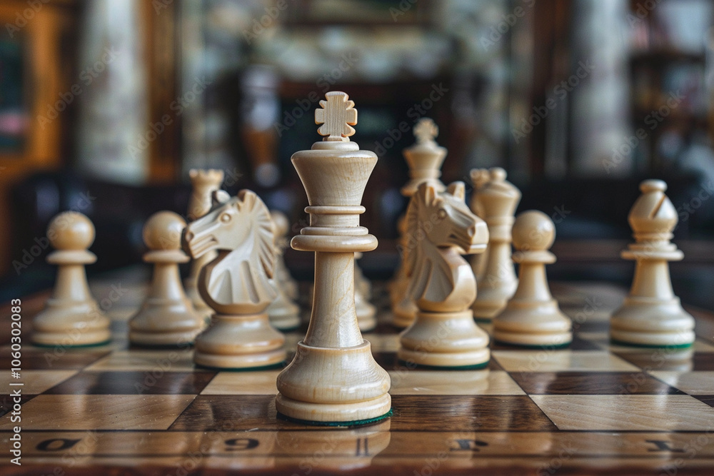 Chess piece standing on checkered board during strategic game of chess Chess piece standing on checkered board during strategic game of chess