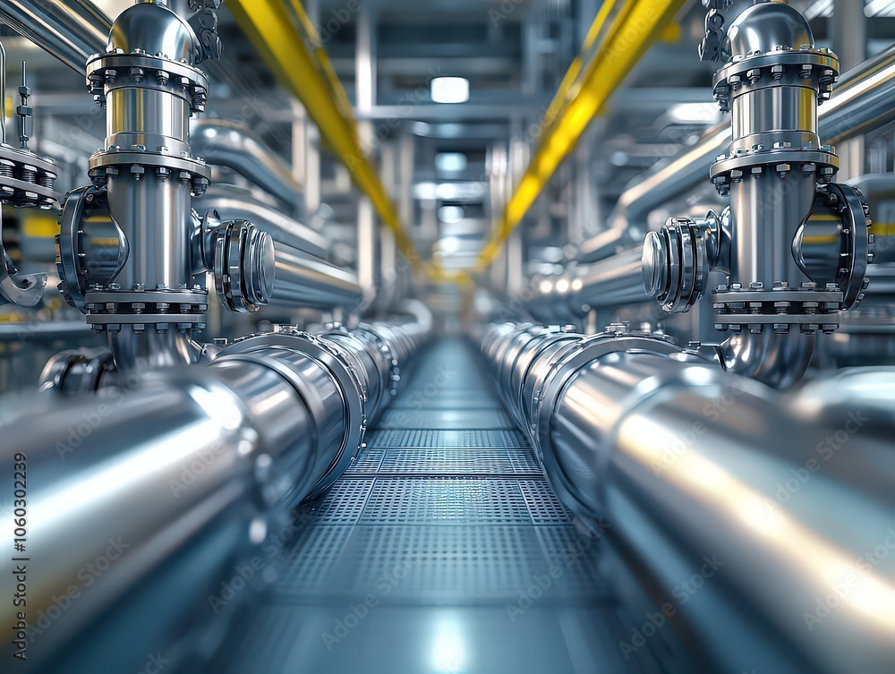 Long perspective view of industrial metal pipes in a facility, representing efficiency, engineering, and complex infrastructure in modern manufacturing processes. Long perspective view of industrial metal pipes in a facility, representing efficiency, engineering, and complex infrastructure in modern manufacturing processes.