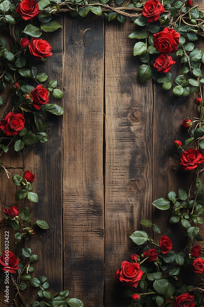 A beautiful arrangement of red roses on rustic wooden background perfect for celebrations weddings and romantic occasions A beautiful arrangement of red roses on rustic wooden background perfect for celebrations weddings and romantic occasions