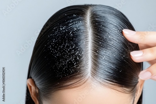 Dandruff on hair of dark-haired woman. Scalp disease. Seborrhea. White powder on hair photo