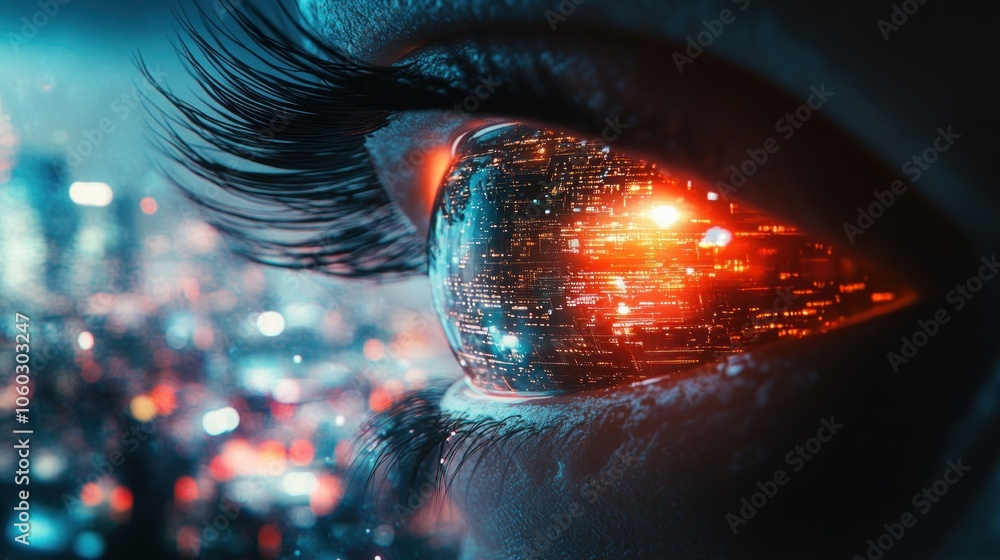 A close-up of a human eye with a futuristic city reflected in the iris. A close-up of a human eye with a futuristic city reflected in the iris.