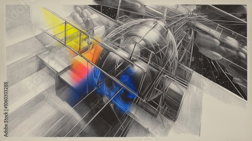 Vibrant Abstract Art of a Futuristic Spaceship Docking at a Space Station: Perfect Poster for Sporting Spaces or Inspirational Interiors, Bright Colors and Twinkling Stars in Deep Space!