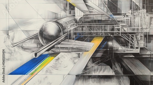 Vibrant Abstract Art of a Futuristic Spaceship Docking at a Space Station: Perfect Poster for Sporting Spaces or Inspirational Interiors, Bright Colors and Twinkling Stars in Deep Space!