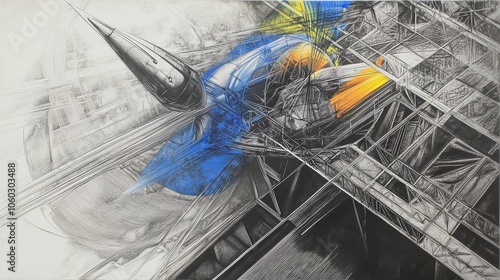 Vibrant Abstract Art of a Futuristic Spaceship Docking at a Space Station: Perfect Poster for Sporting Spaces or Inspirational Interiors, Bright Colors and Twinkling Stars in Deep Space!