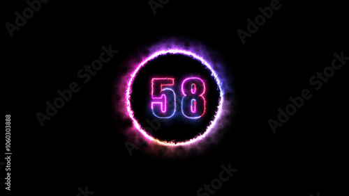 Glowing neon number 58 fire color with black background. Fiery style.